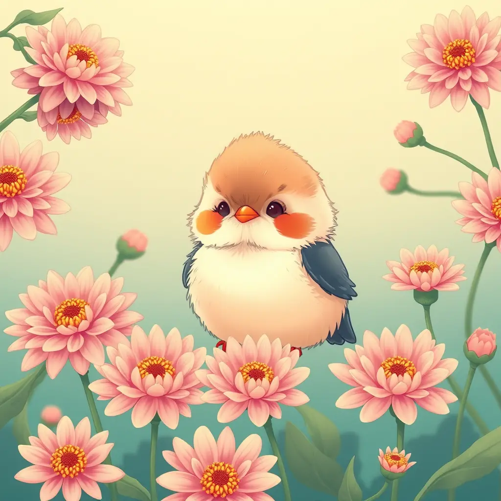 Cute fluffy bird among blooming chrysanthemum flowers