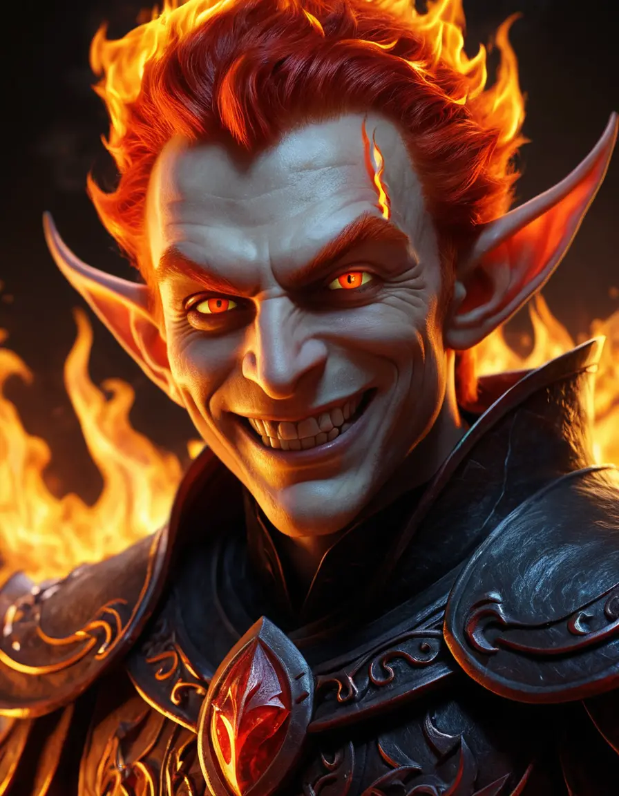 Smiling fire elf with glowing ember eyes and flaming hair