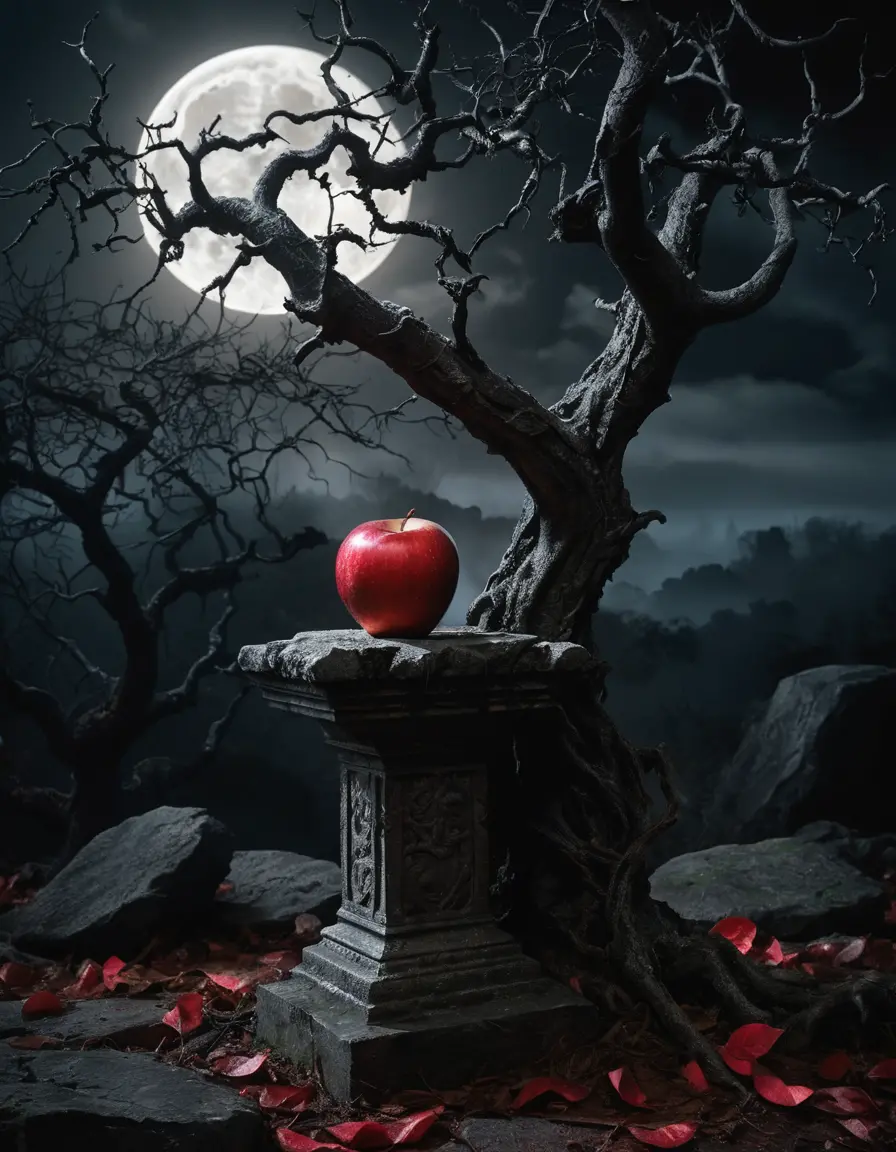 Gleaming red apple on ancient stone pedestal at night
