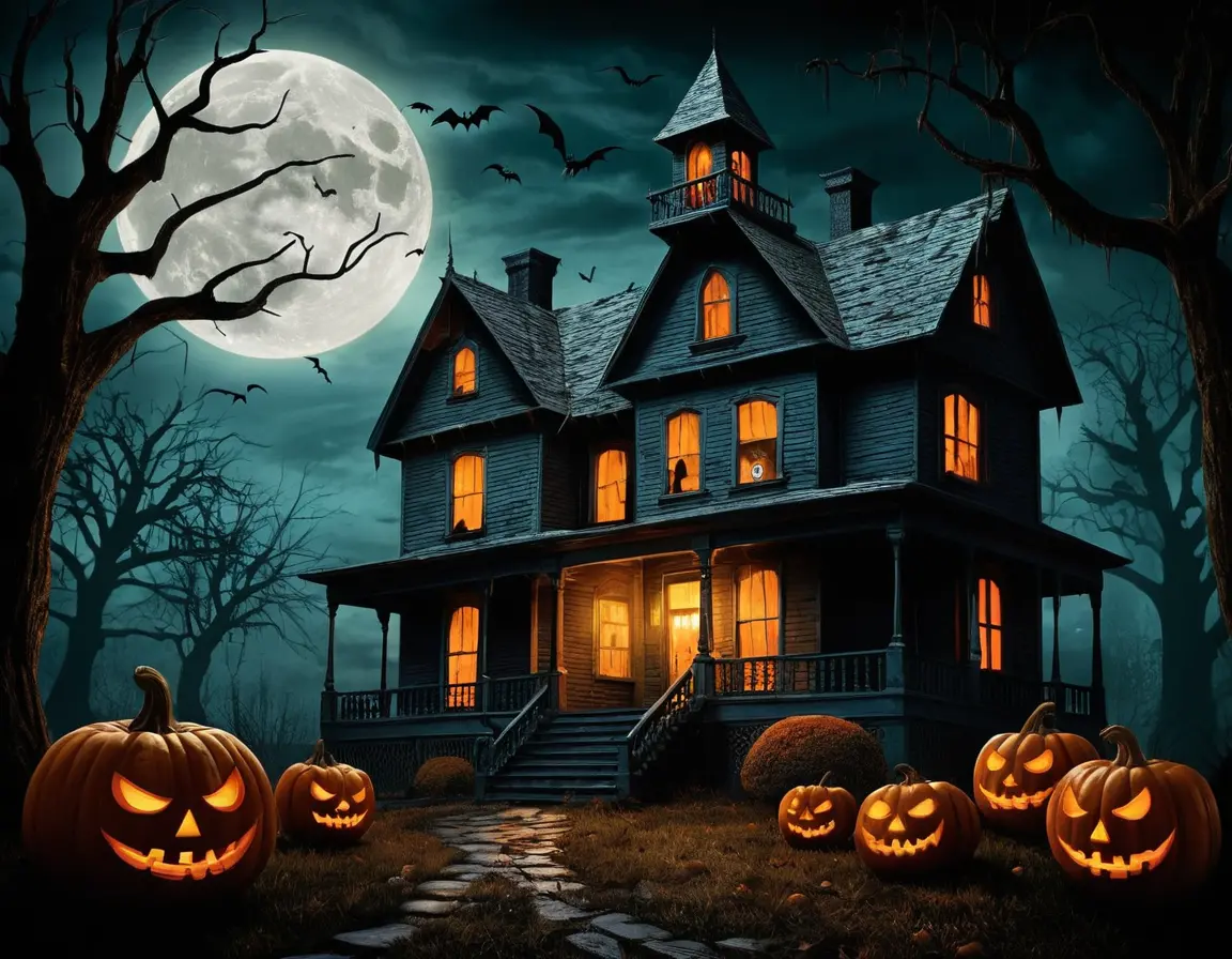 Scared Kids In A 3d Haunted House On Halloween Night