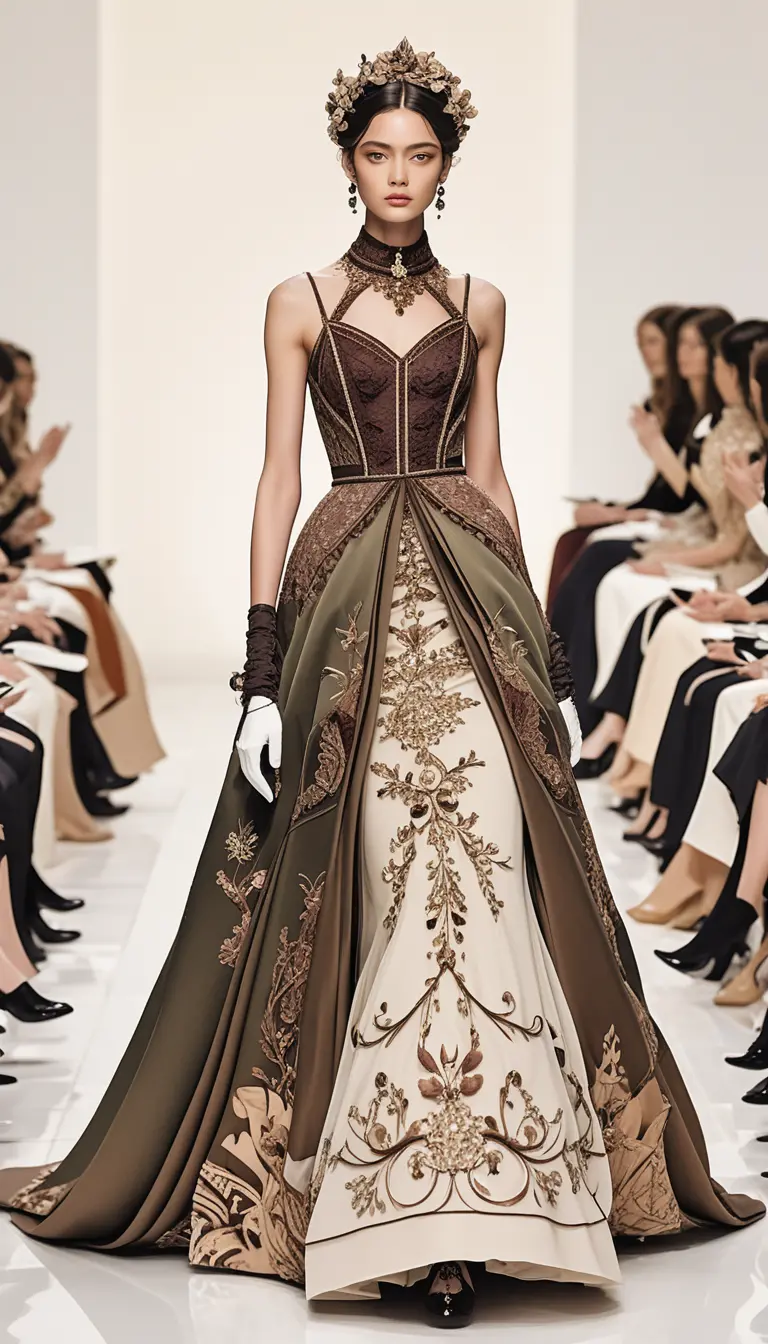 Anime fashion model on runway in elegant evening gown