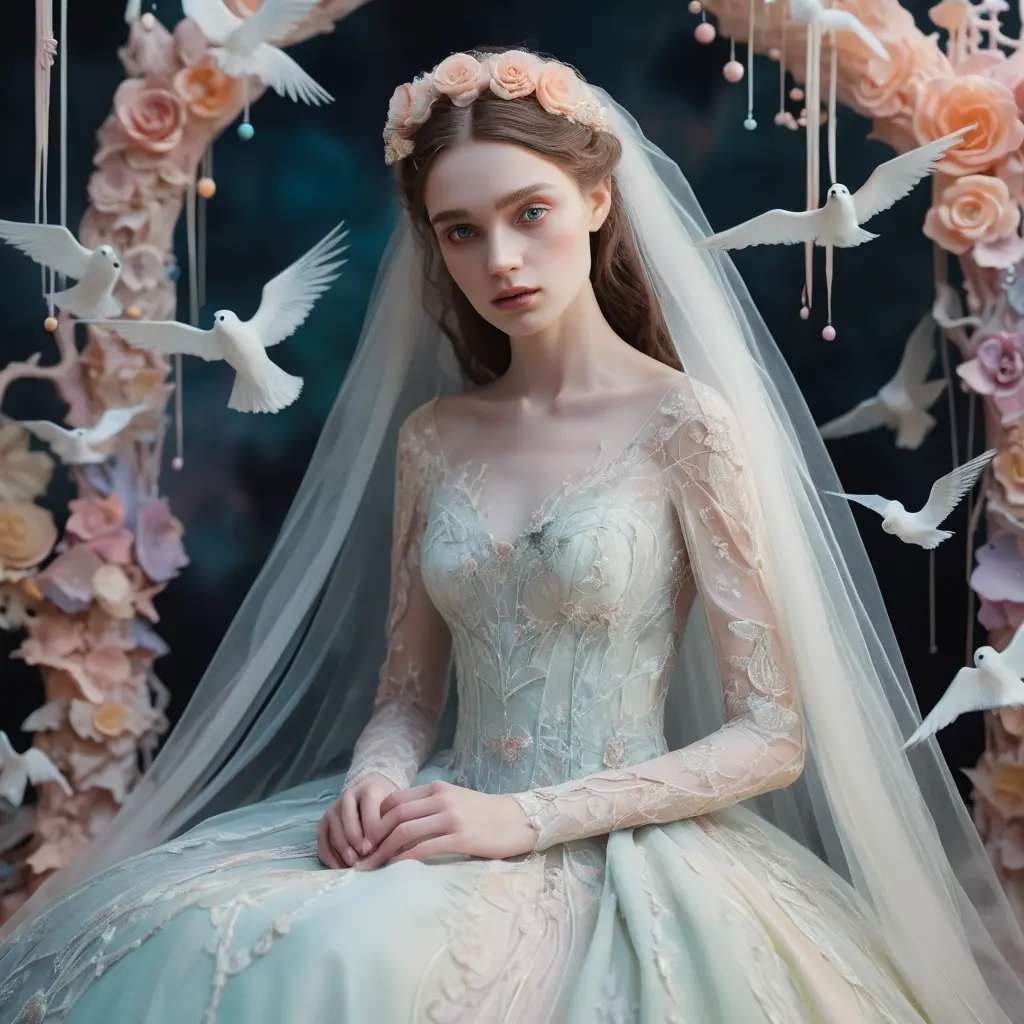 Ghostly bride floating in a whimsical pastel cartoon world
