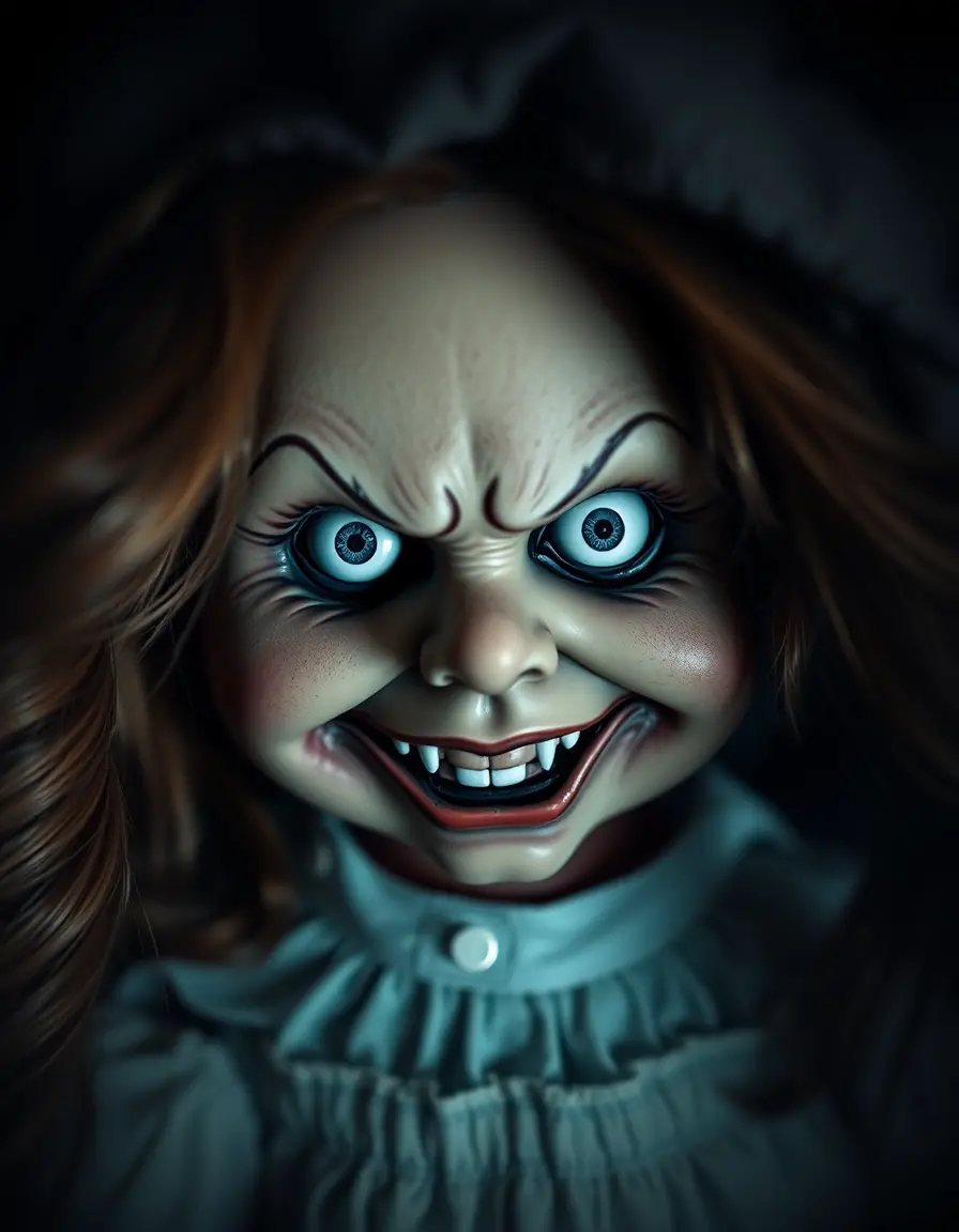 Close up portrait of a creepy doll in darkness