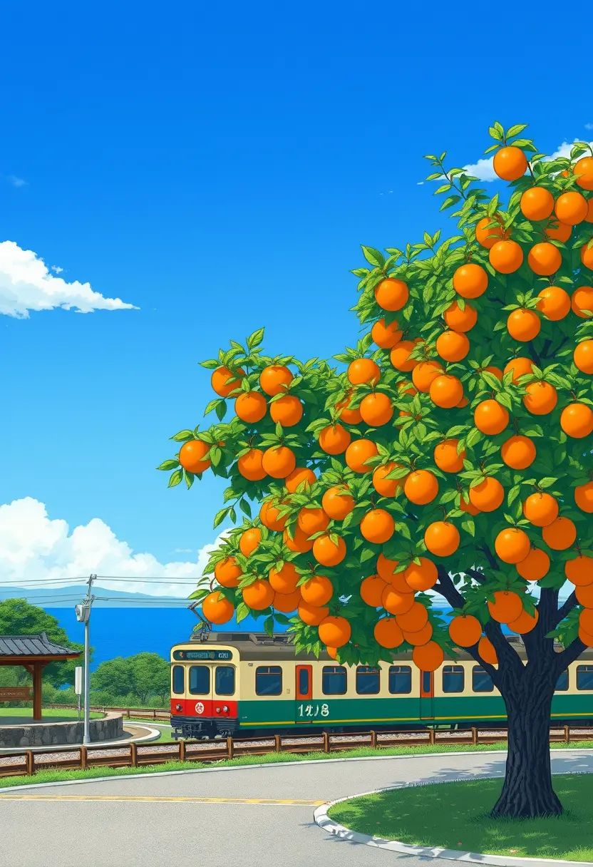 Orange tree by a seaside railway crossing in anime style