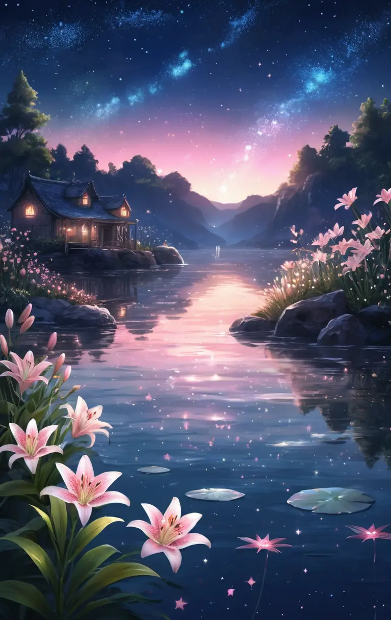 Lily flower sea under pink starlit night sky