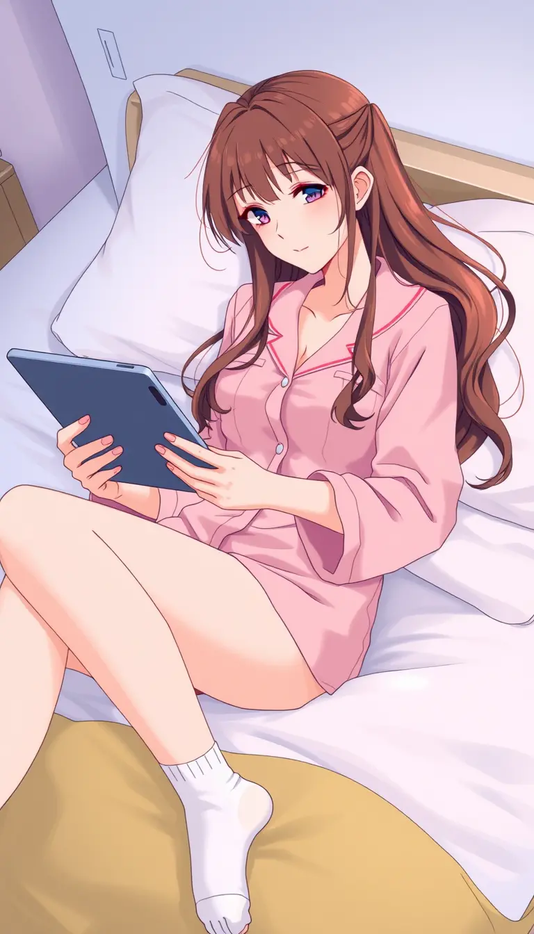 Anime girl reading a tablet on a cozy bed