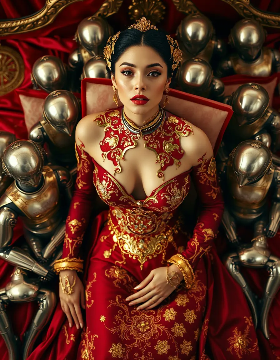 Futuristic woman on bed with silver and gold robots