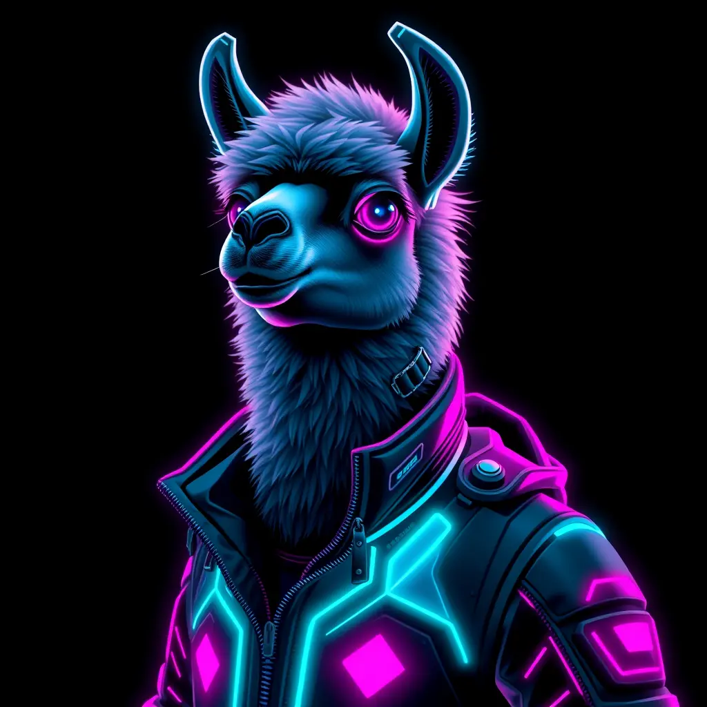 Neon cyberpunk llama in a futuristic high tech jacket