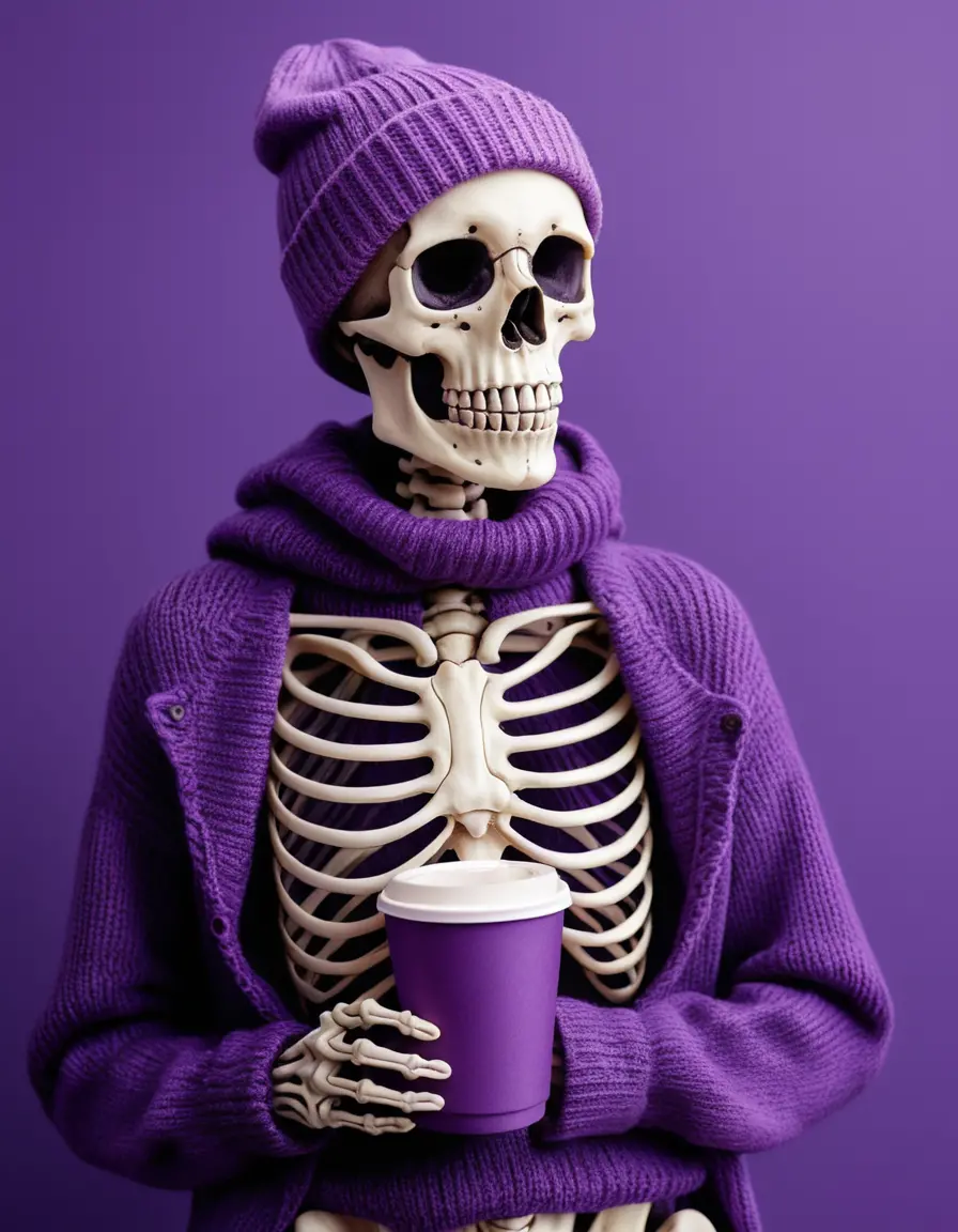 Skeleton In Purple Beanie Sipping Coffee On Solid Background