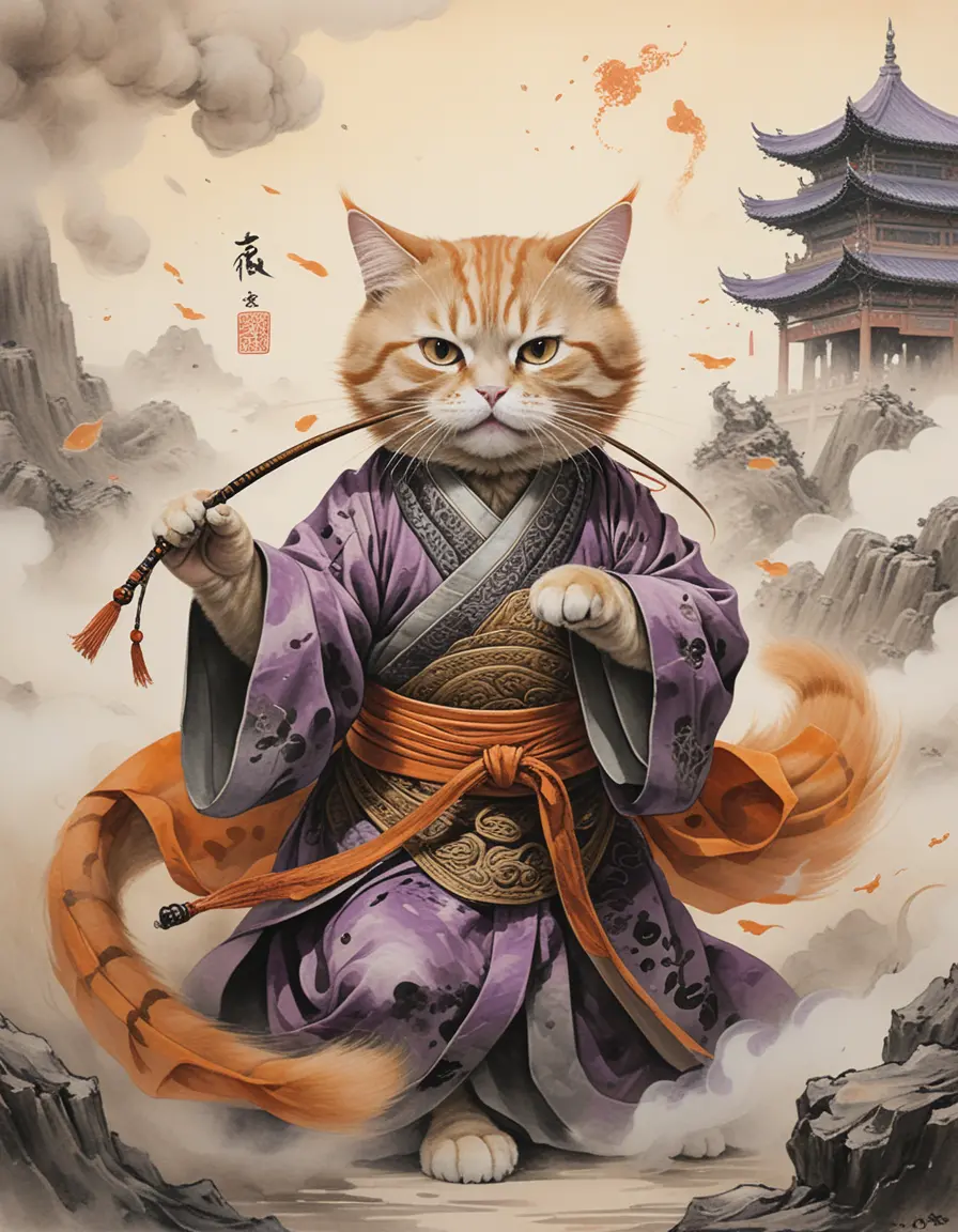 Orange cat warrior in flowing hanfu amid dark smoke