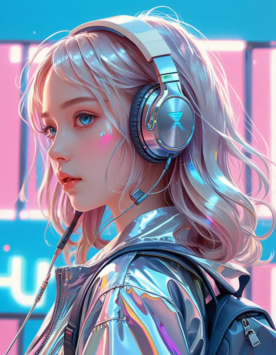 Anime girl in harajuku cyberpunk fashion with headphones