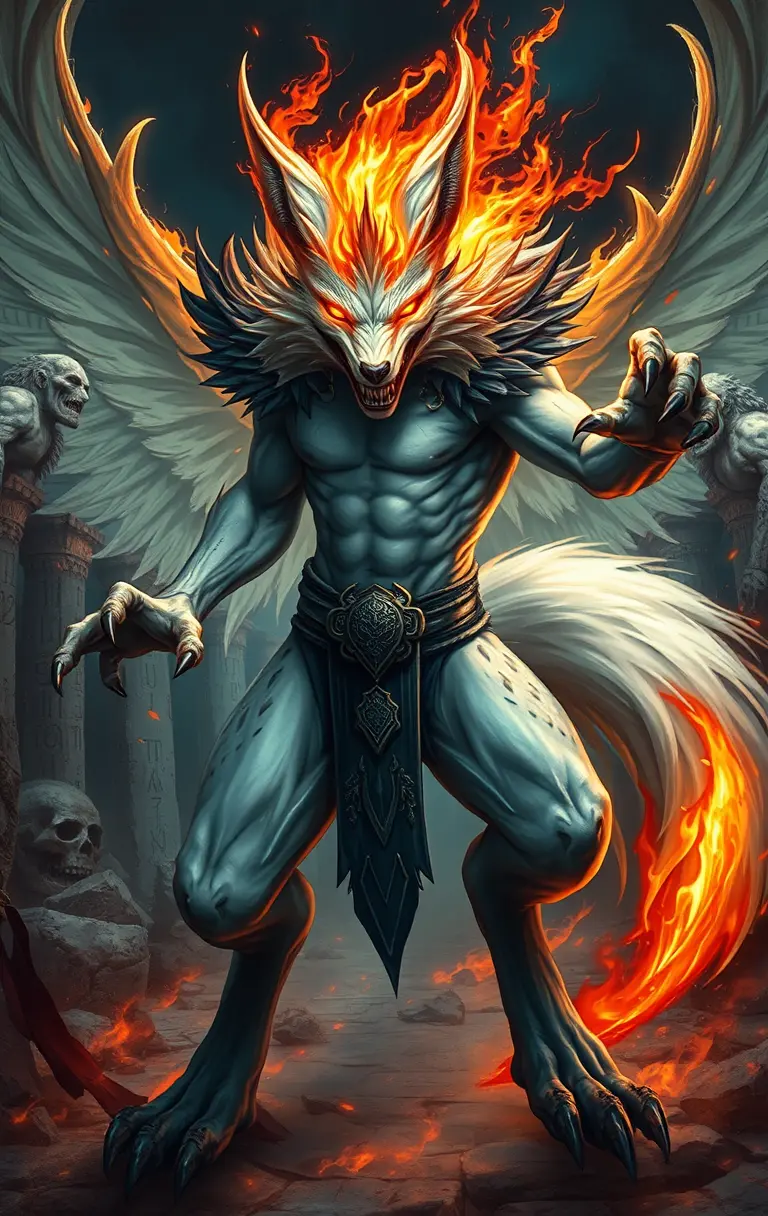 White fox spirit warrior in ancient mystical ruins