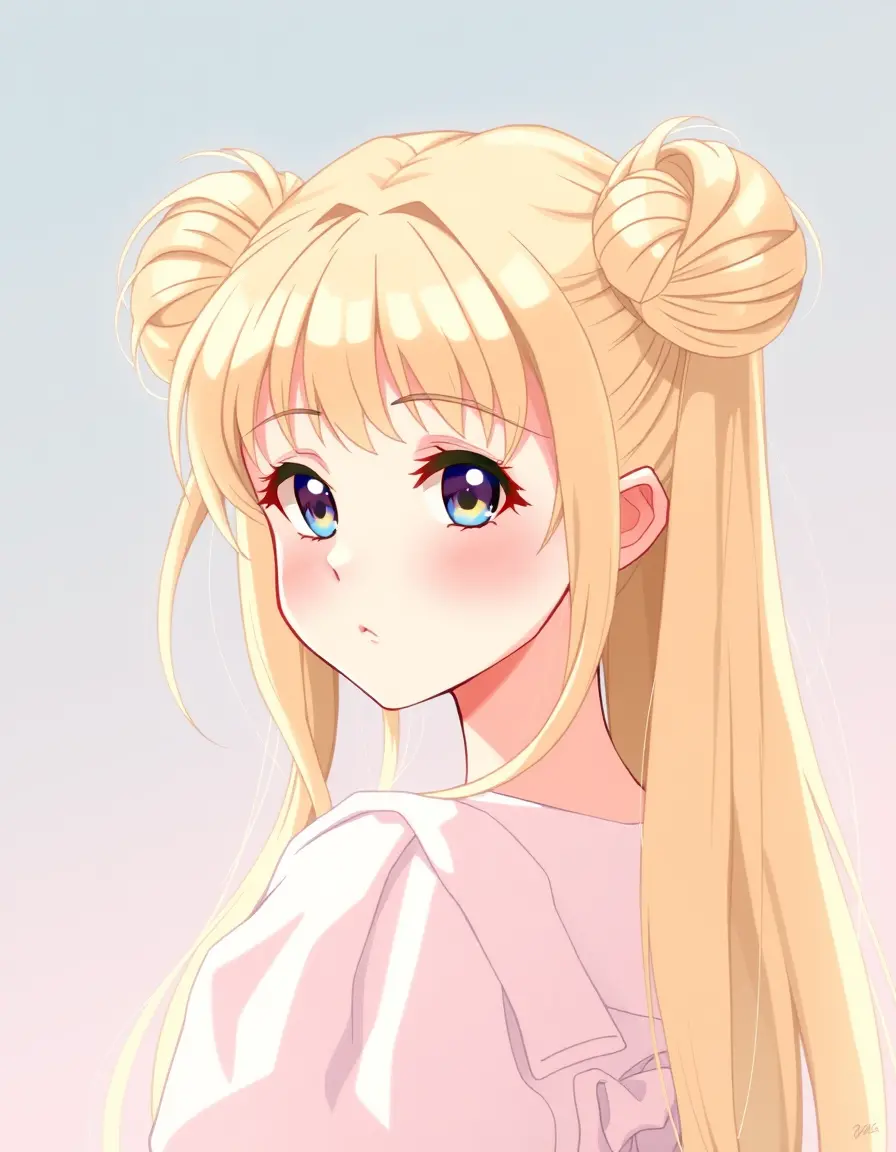 Pastel anime portrait of a blonde girl with twin buns