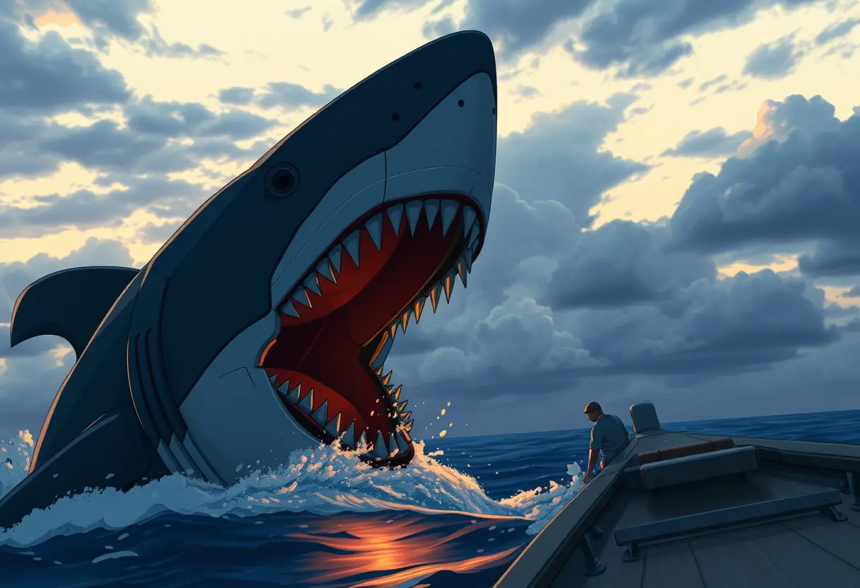 Mechanical shark attacking a small boat in evening sea