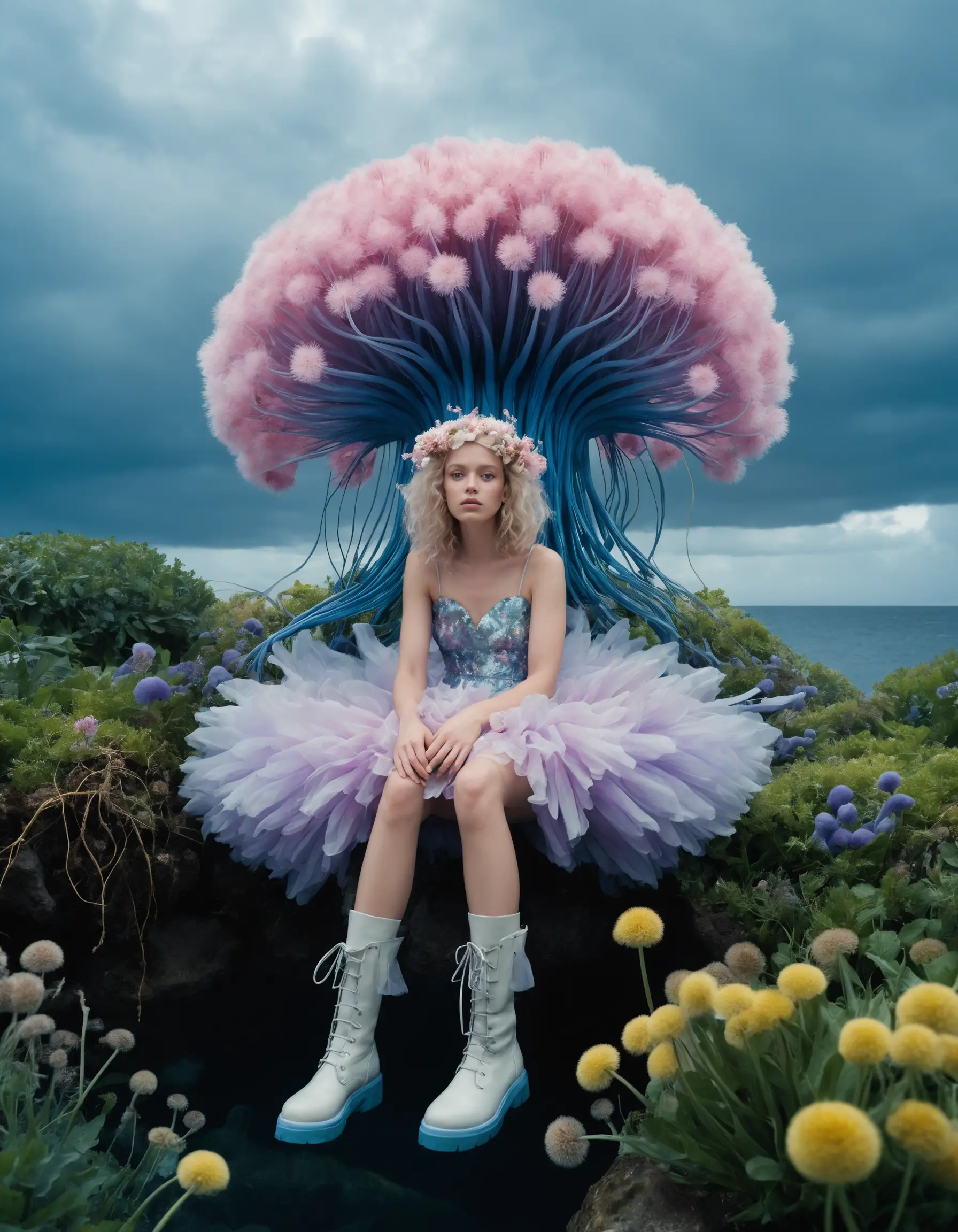 Greek fairy on giant pastel alien flower in ocean