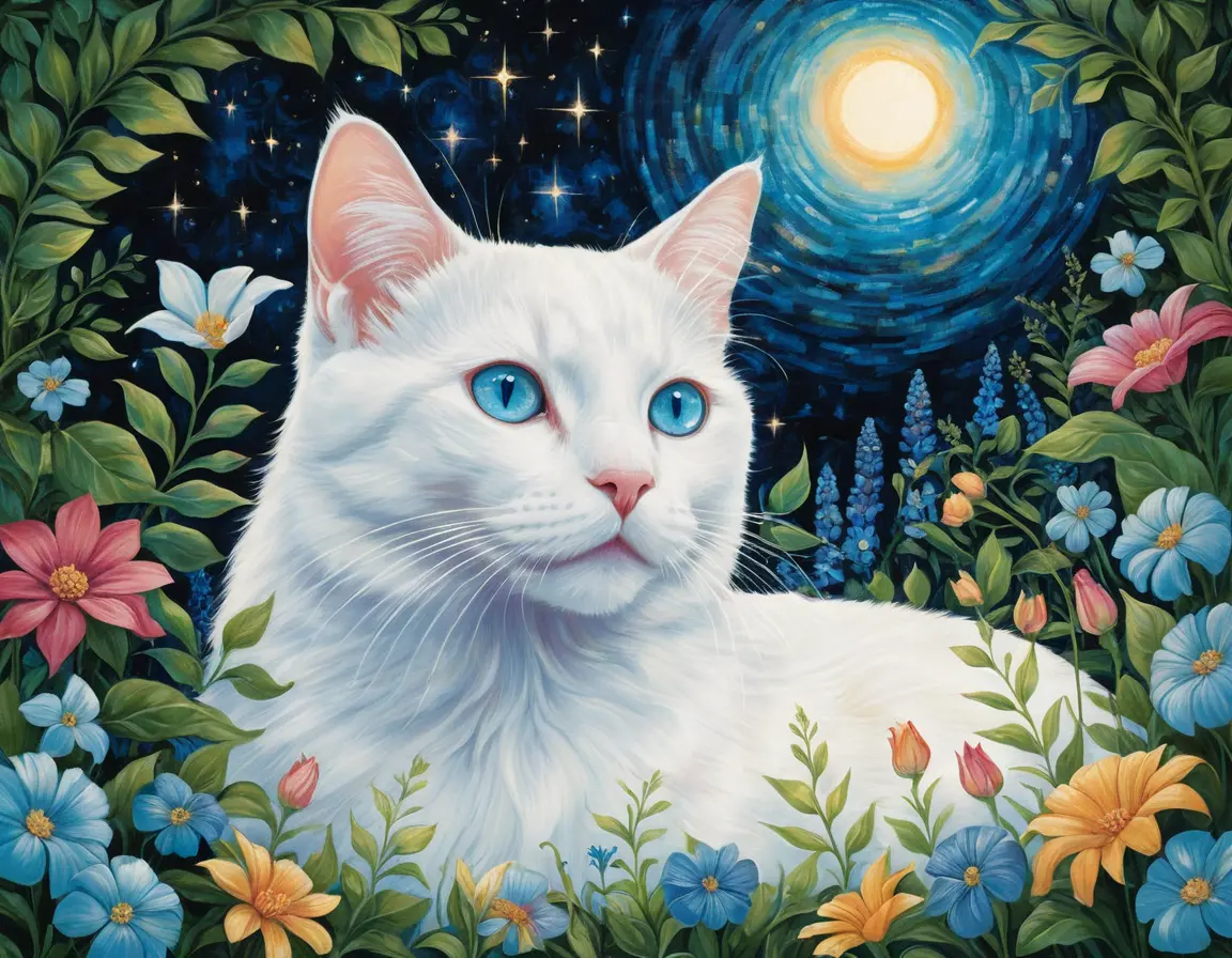 White cat under a glowing starry sky with flowers