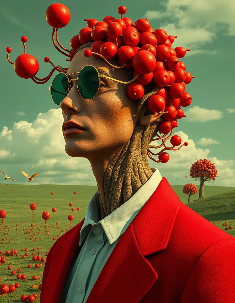 Surreal woman in a green and red biomorphic dreamscape