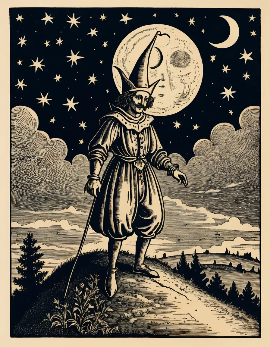 Jester Standing On A Hill Under A Mystical Moon