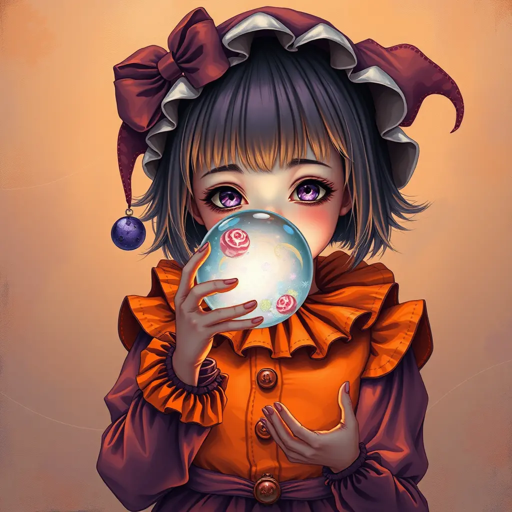 Anime girl in clown costume holding glowing crystal ball