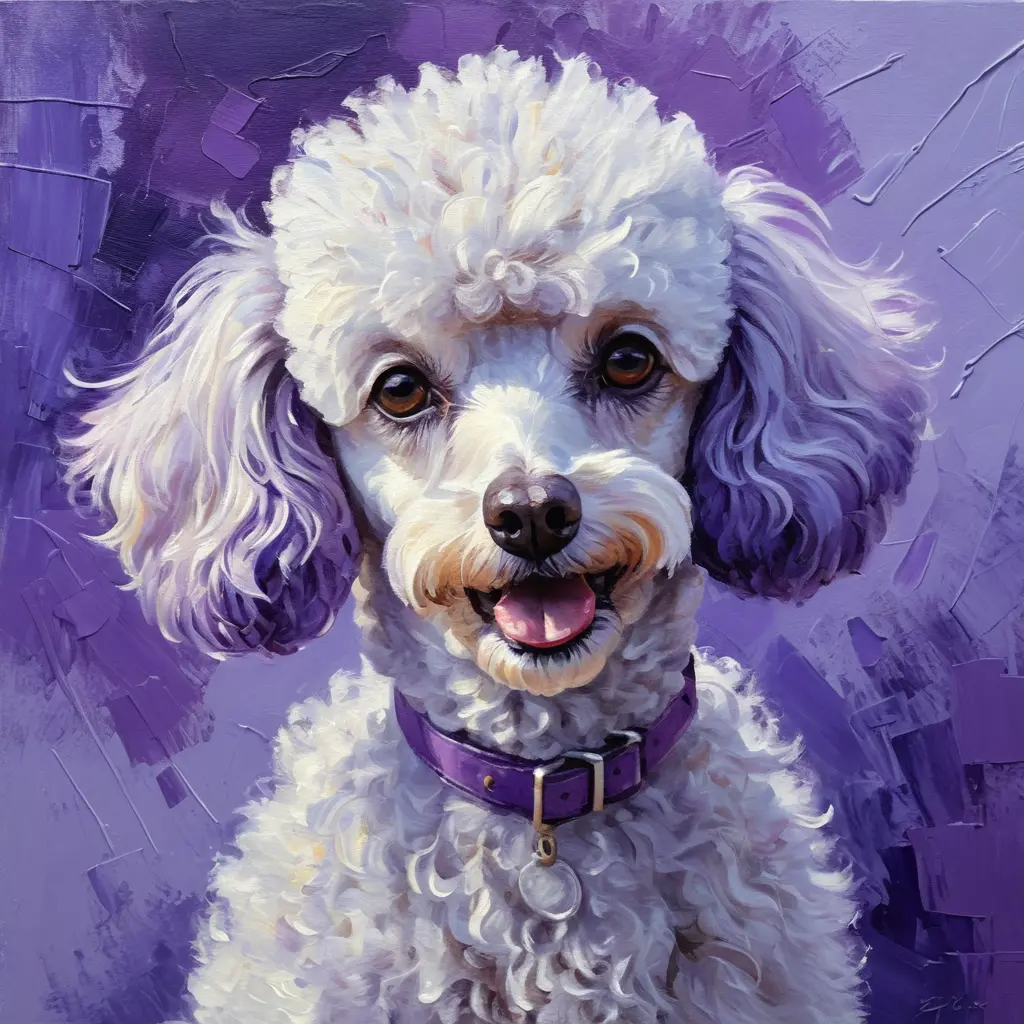 White poodle acrylic painting on purple abstract background