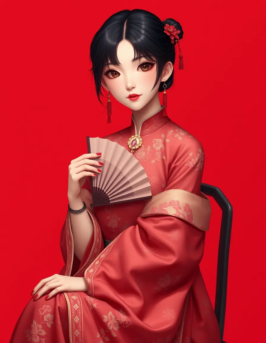 Chinese woman with fan sitting against red background