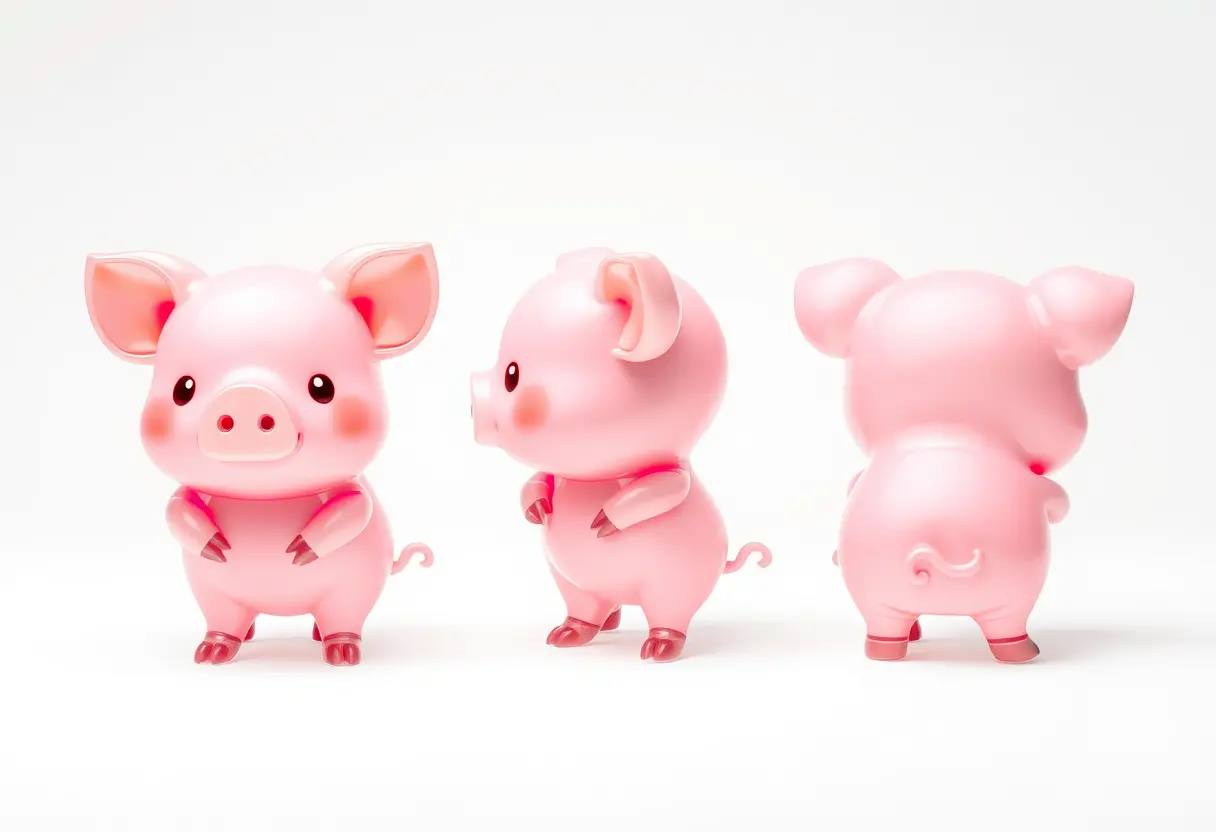 Cute multicolor 3D pig character in three studio views