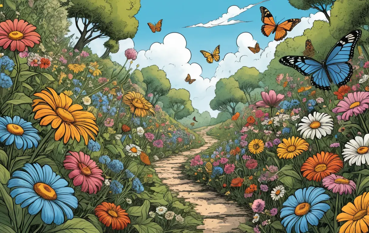 Cartoon butterfly flying over a colorful wildflower field