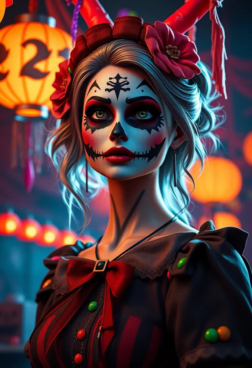 Woman With Scary Halloween Makeup At Festive Party