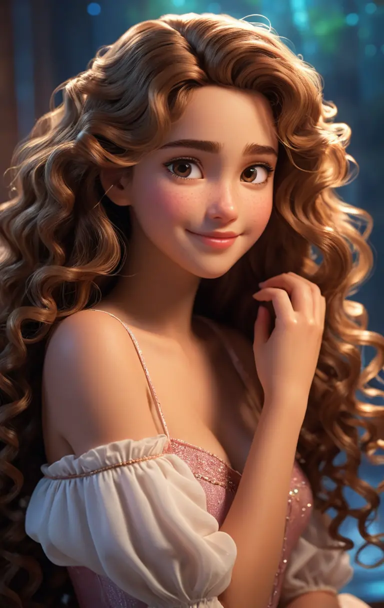 Cute girl with curly hair in disney inspired style