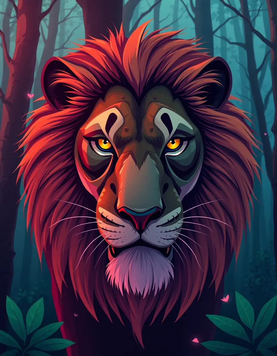 Wild lion face in forest with bold cartoon style