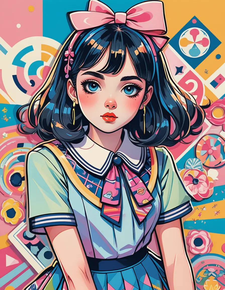 Anime schoolgirl portrait with neon abstract background