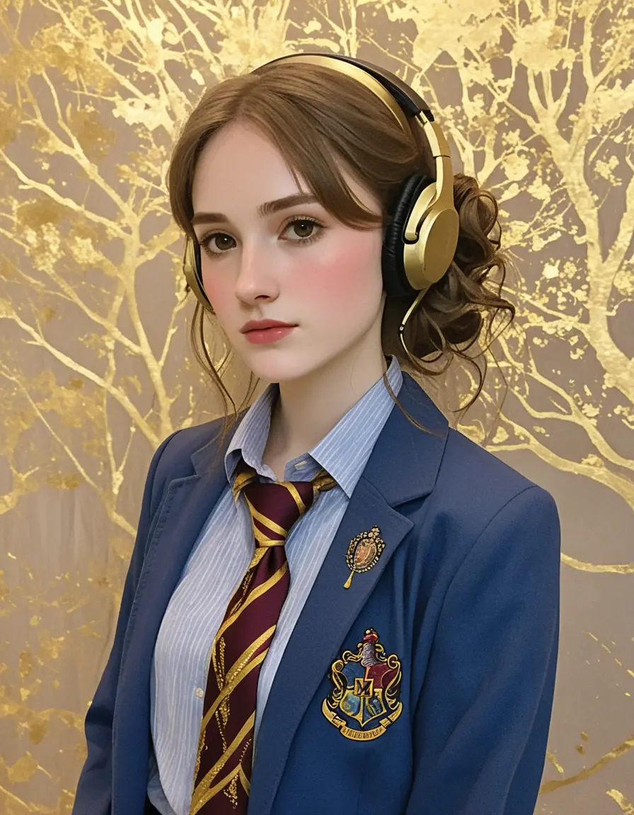 Young woman in blazer with headphones portrait