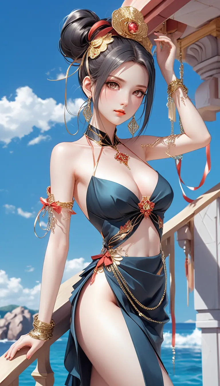 Elegant anime woman in black dress with gold details