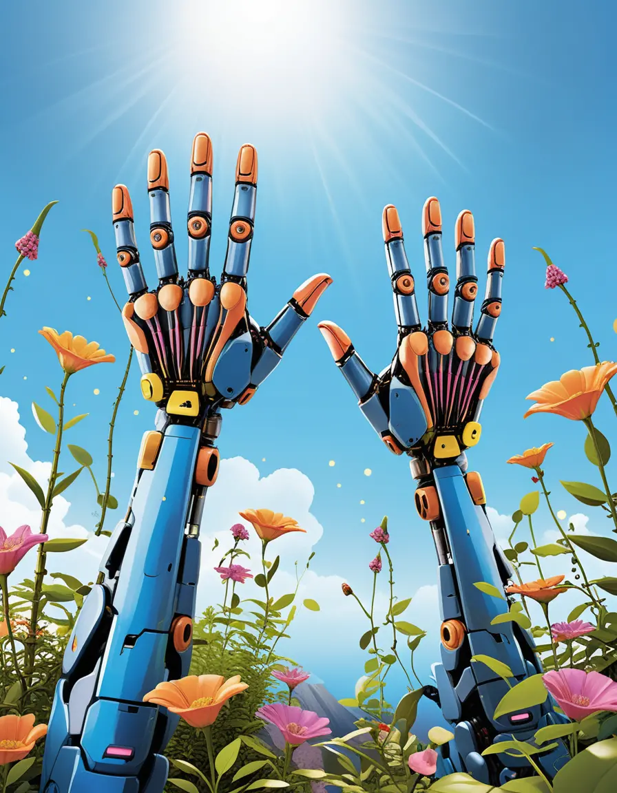 Robotic hands reaching toward light with blooming plants