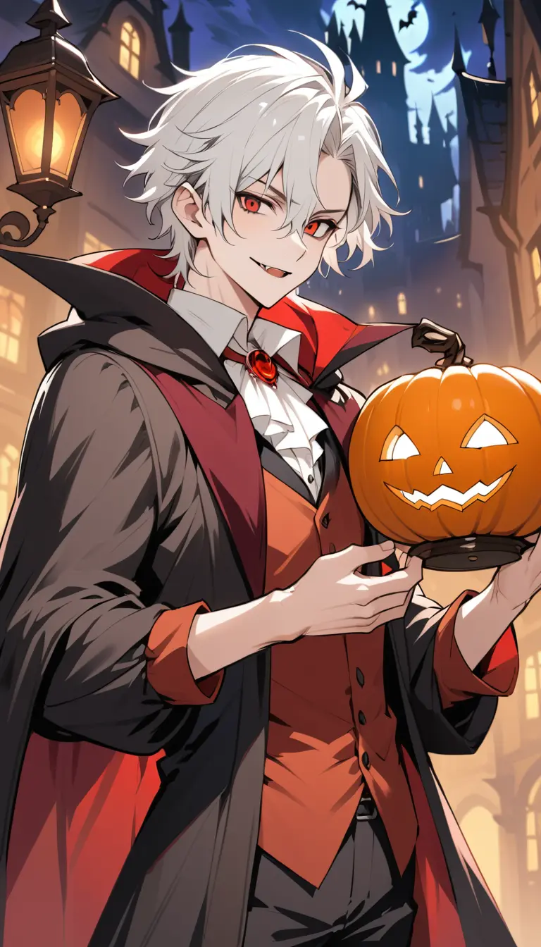 Handsome white haired male vampire holding a pumpkin lantern