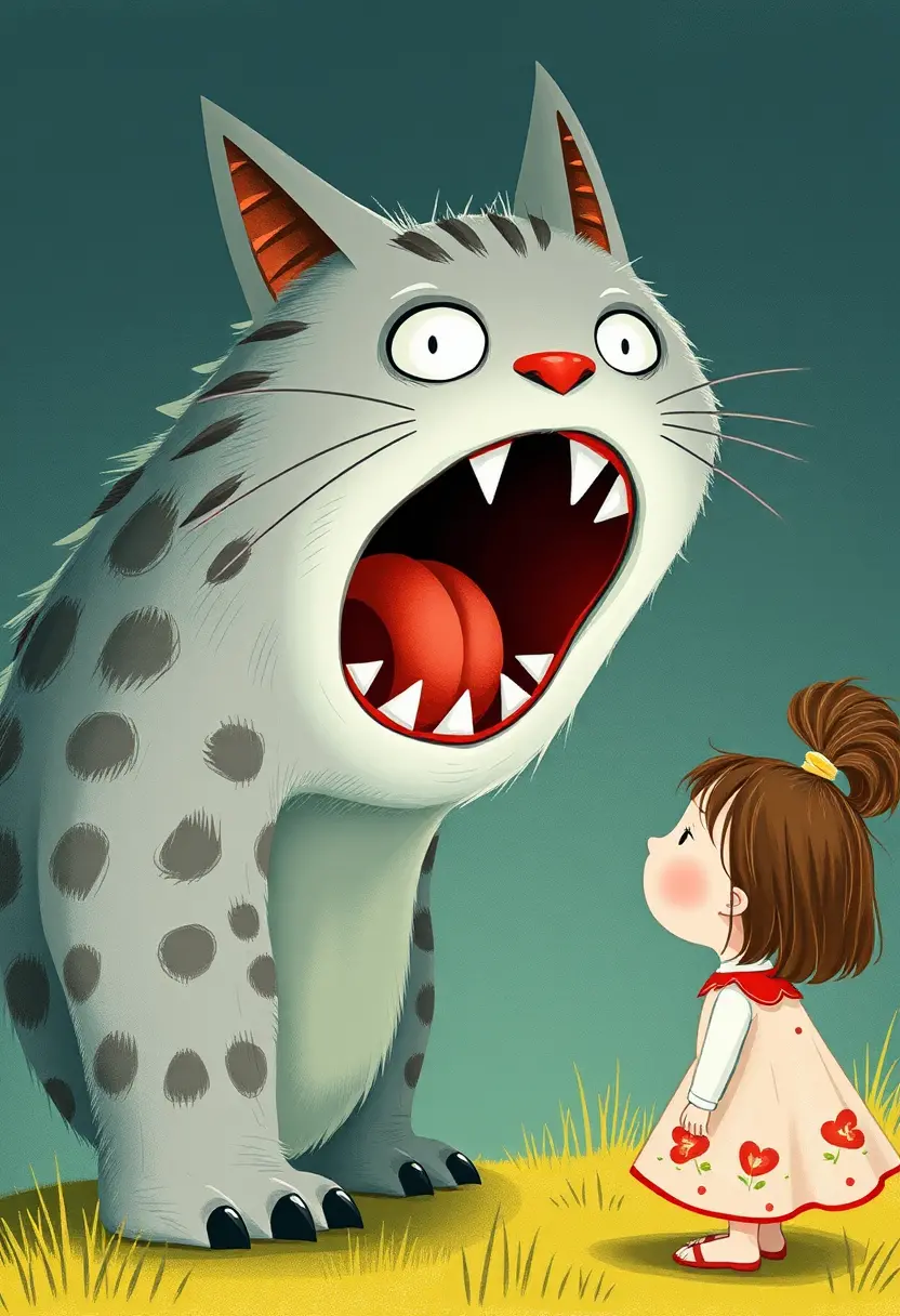 Cat like monster facing a cute young girl illustration