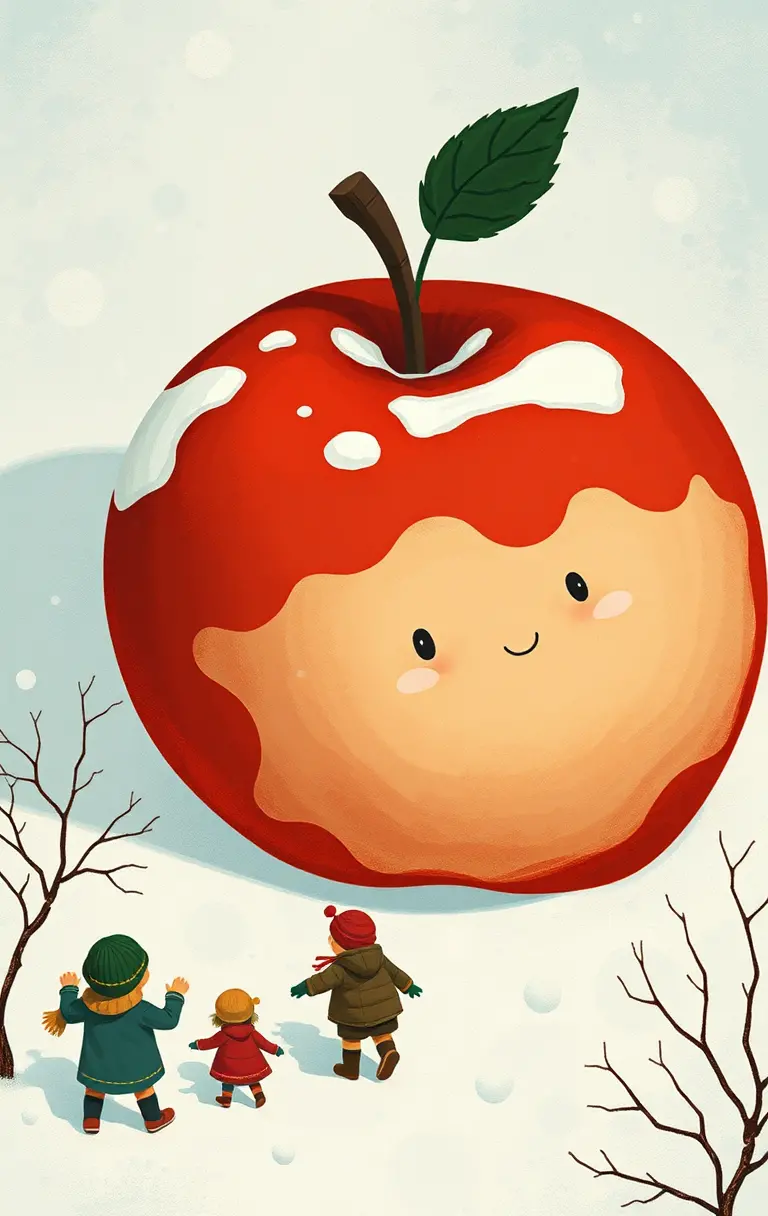 Children Playing Beneath A Snow Covered Red Apple