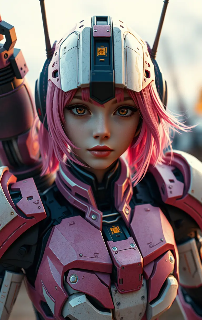 Pink haired mecha girl standing in a battlefield