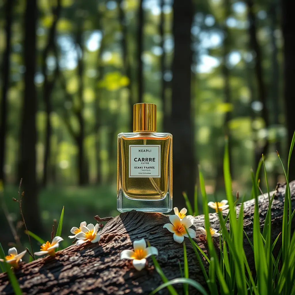 Perfume bottle on forest branch with flowers and grass