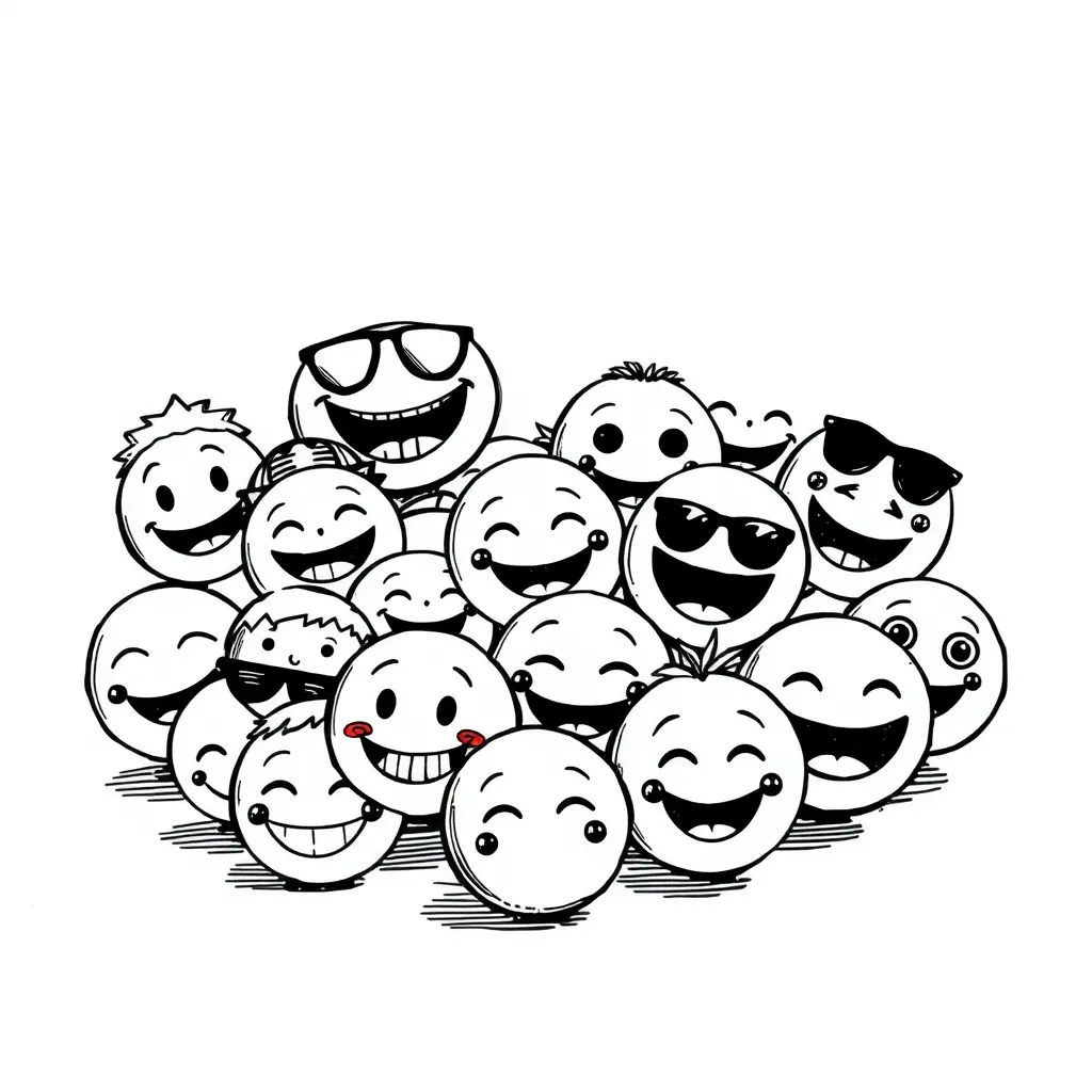 Cluster of quirky ink drawn emojis on white background