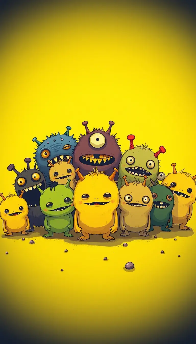 Cute little monsters on a bold yellow and indigo background