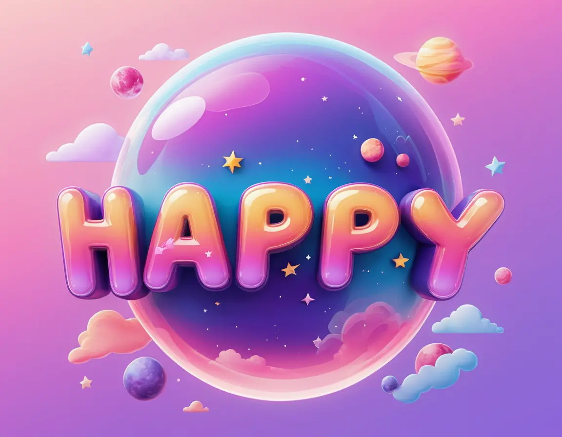 Happy bubble word art logo with dreamy planet sky