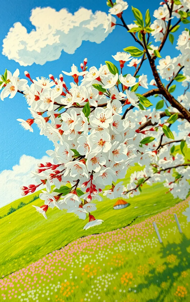 Close up cherry tree in bloom on a sunny hillside