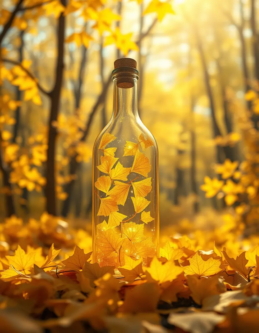 Glass Bottle Of Golden Gingko Leaves In Autumn Forest