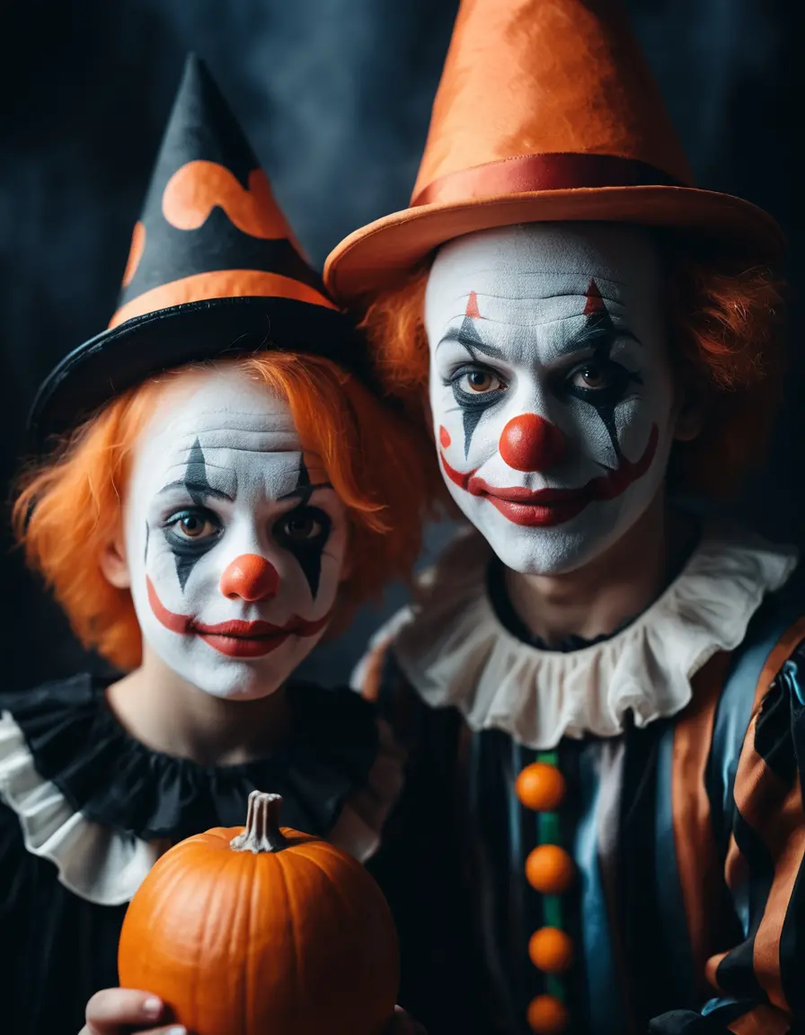 Cute child clown with hat in soft halloween mist