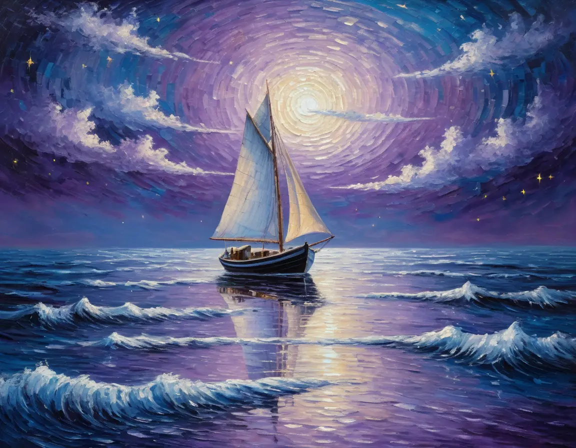 Starry Night Sea With Small Boat In Impressionist Style