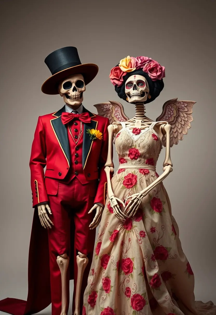 Two skeleton newlyweds in vintage wedding attire