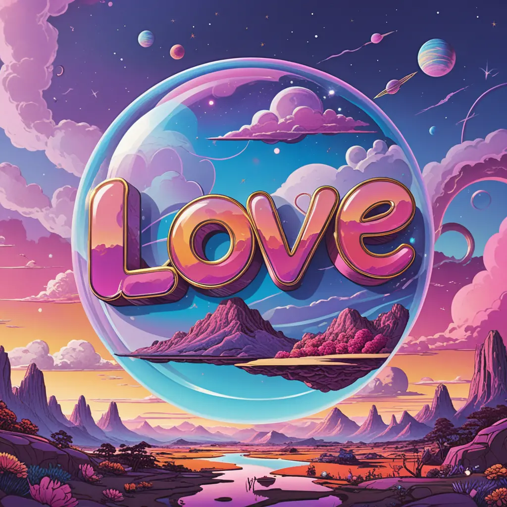 Love text logo over dreamy psychedelic sunset sky