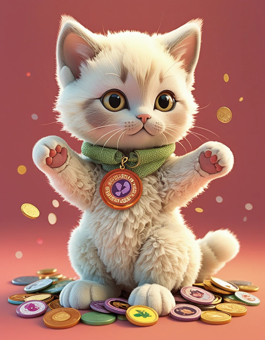 Gatito 3D juguetón con monedas sobre fondo rojo