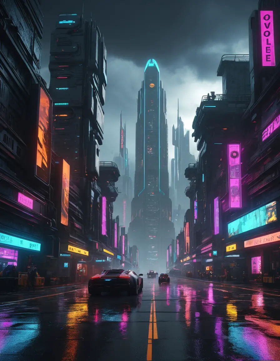 Futuristic cyberpunk city under a dark dramatic sky